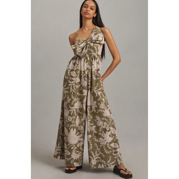 Anthropologie Hutch Jumpsuit Green Floral Poplin Bow Boho Retro Vacay Large NWT